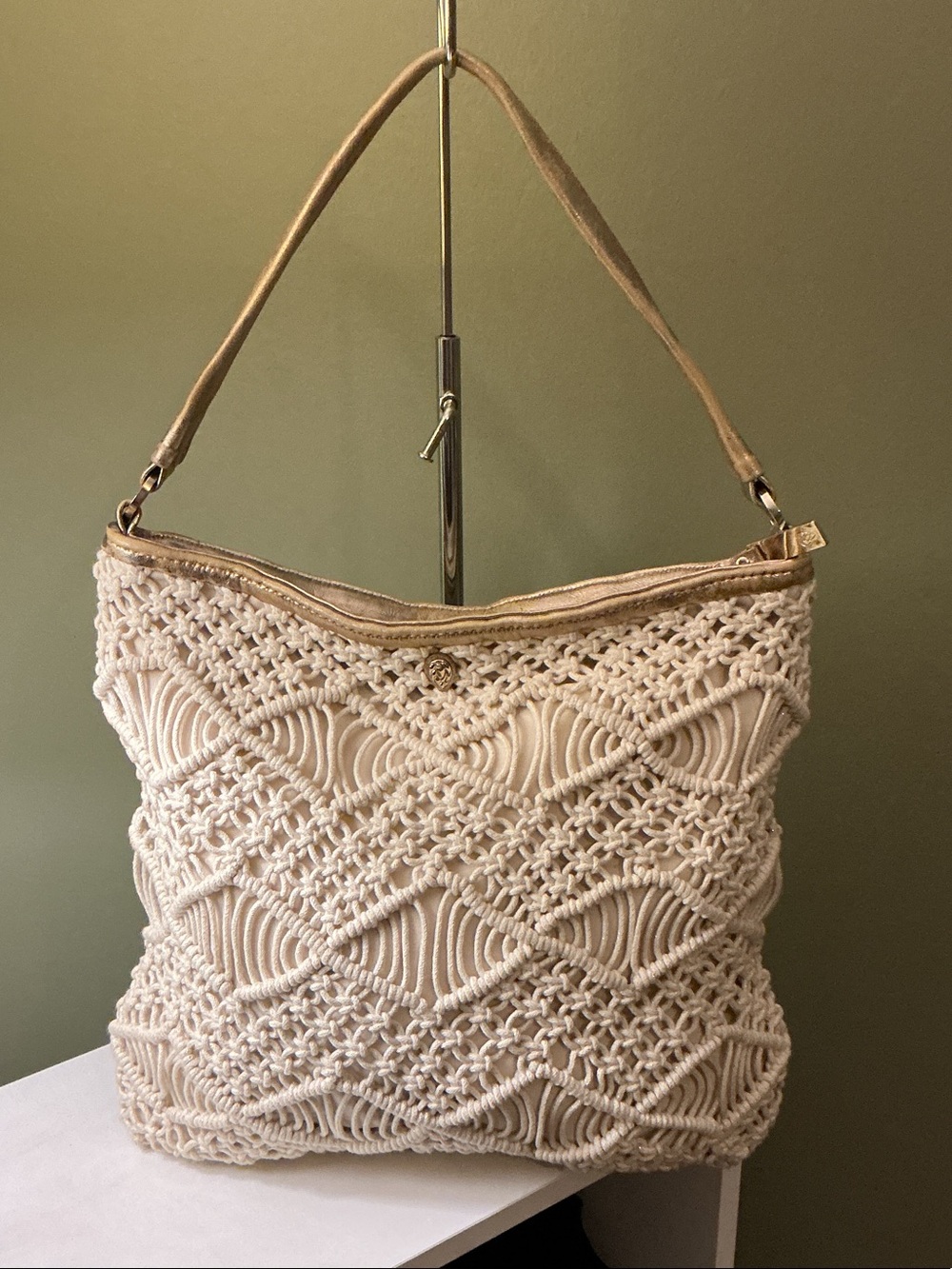 Helen Kaminski Gilda Cream Macramé Shoulder Bag with Gold Strap & Trim